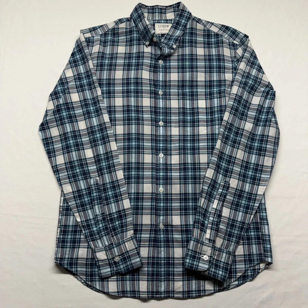 J.Crew Madras Plaid Button Down Shirt Men's Medium Blue Gray Cotton Casual
